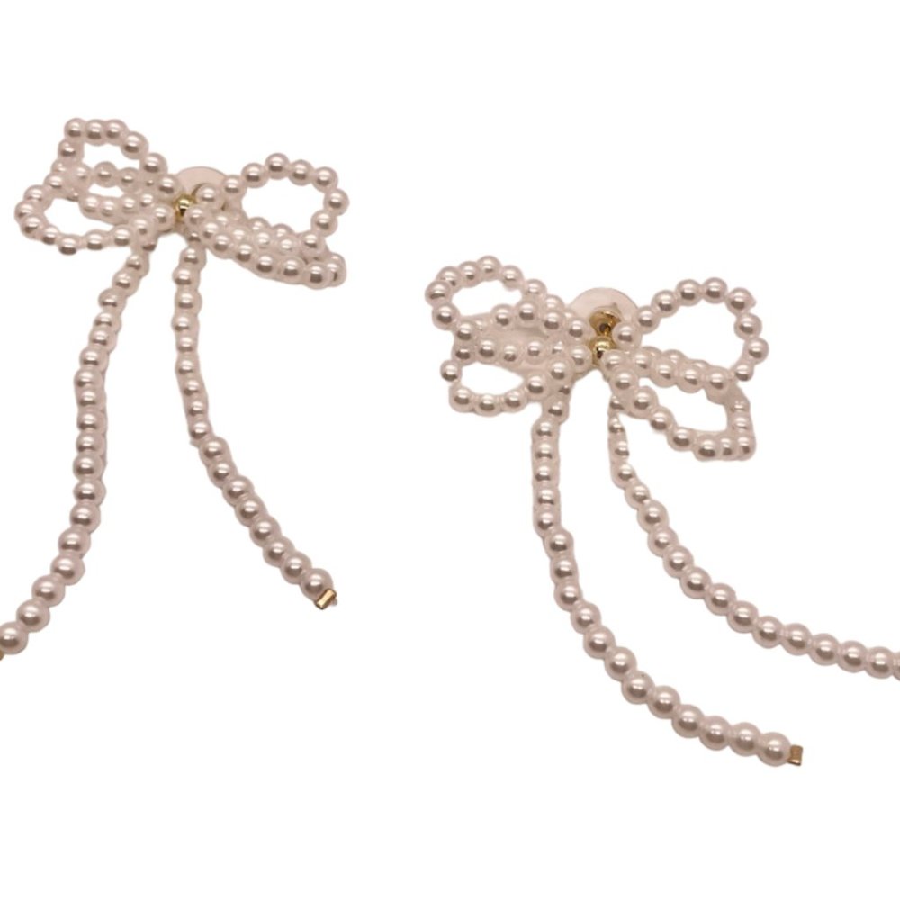 ❤️ FREE Pearl Bow Tie Modern Trendy Faux Chic Glam Girly Soft Drop Hip Earrings